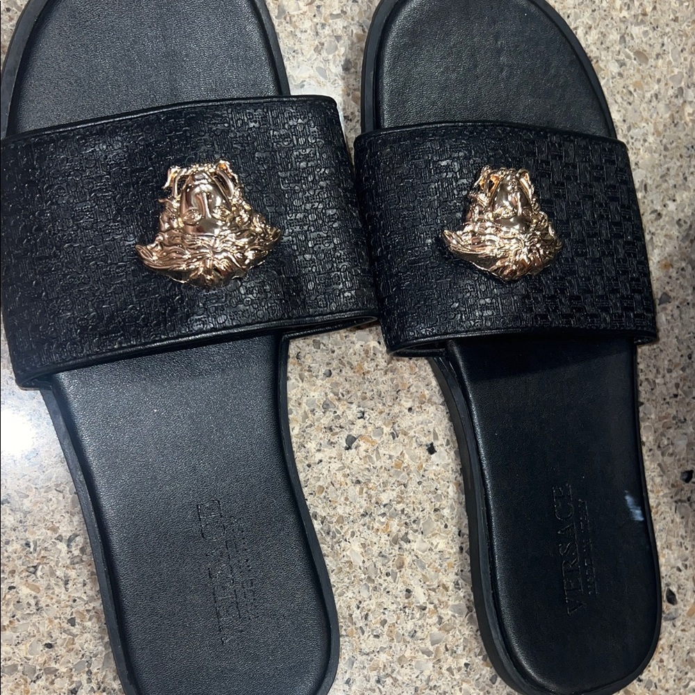 Versace Men’s Black Slides with Gold Medusa